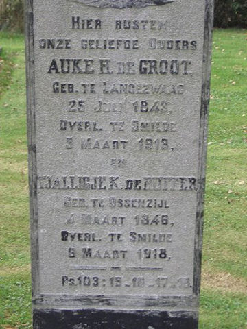 Grafsteen van Tjalligje Koenderts DE RUITER (1846 - 1918)